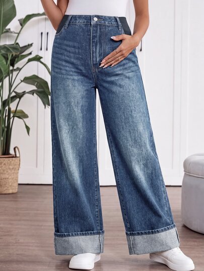 SHEIN Jeans de maternidad de pierna ancha, sueltos, casuales y versátiles de mezclilla