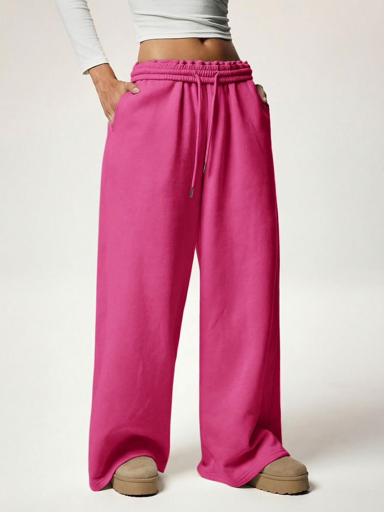 Avantive Autumn/Winter New Thermal Lined Thickened Casual Versatile Slimming Low Waist Elastic Waist Loose Wide Leg Sweatpants - Hot Pink - View 5