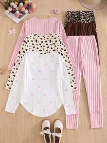SHEIN Tween Girl 3 Pieces Knit Fuzzy Ribbed Sweatshirt & Pants Set, Heart Rabbit Leopard Print Ribbed Pattern With Leggings, Casual Fashion Simple Comfortable, Suitable For Indoor And Outdoor, Back To School - Multicolor - View 2