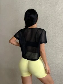 SHEIN Dewbera 1件網眼運動T恤，純色時尚百搭優雅 - 黑色 - 查看 2