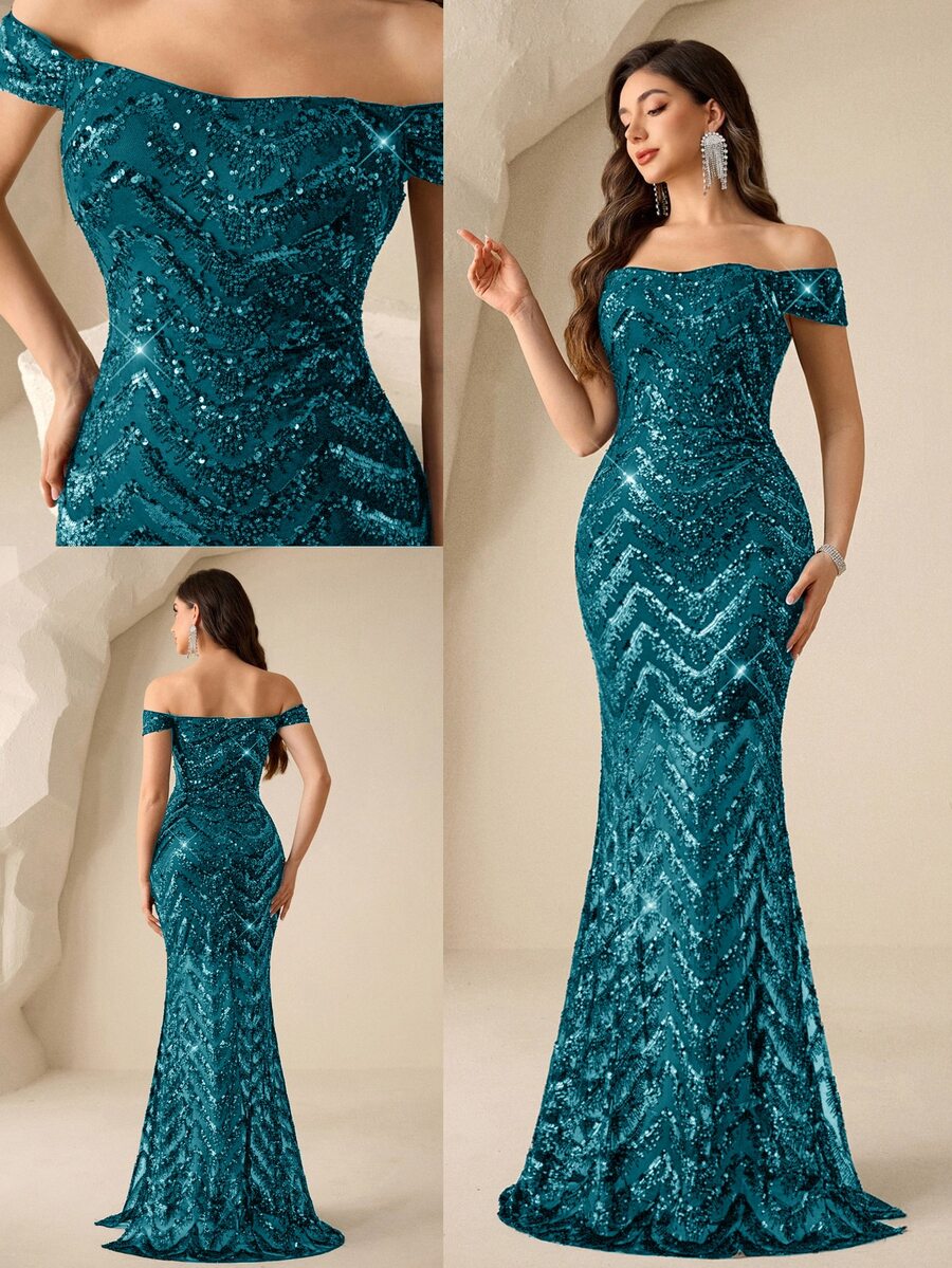 Coutiva Đầm dạ hội nữ đính sequin trễ vai xẻ tà thanh lịch - cái hồ màu xanh - Xem 1