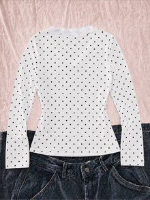 SHEIN 青少年女孩灰色黑色波點領口鈕扣裝飾蕾絲飾邊設計長袖休閒百搭T恤，適合春秋季，適用於日常出行、通勤、旅行、聚會 - 白色 - 查看 2