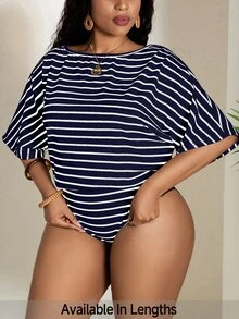 SHEIN PETITE CURVE Women's Fashionable Casual Modest Navy Blue Stripe Short Sleeve Bodysuit Beach Vacation Summer - Multicolor - View 1