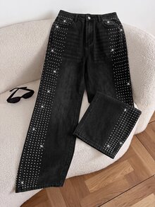 Comfortcana Plus Size Women's Street Hip Hop Rhinestone Button Denim Jeans - Black - View 3