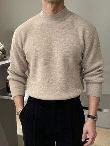 DAZY Spring/Autumn Khaki Marled Semi-High Round Neck Long Sleeve Cuffed Hem Men's Sweater - Khaki - View 5