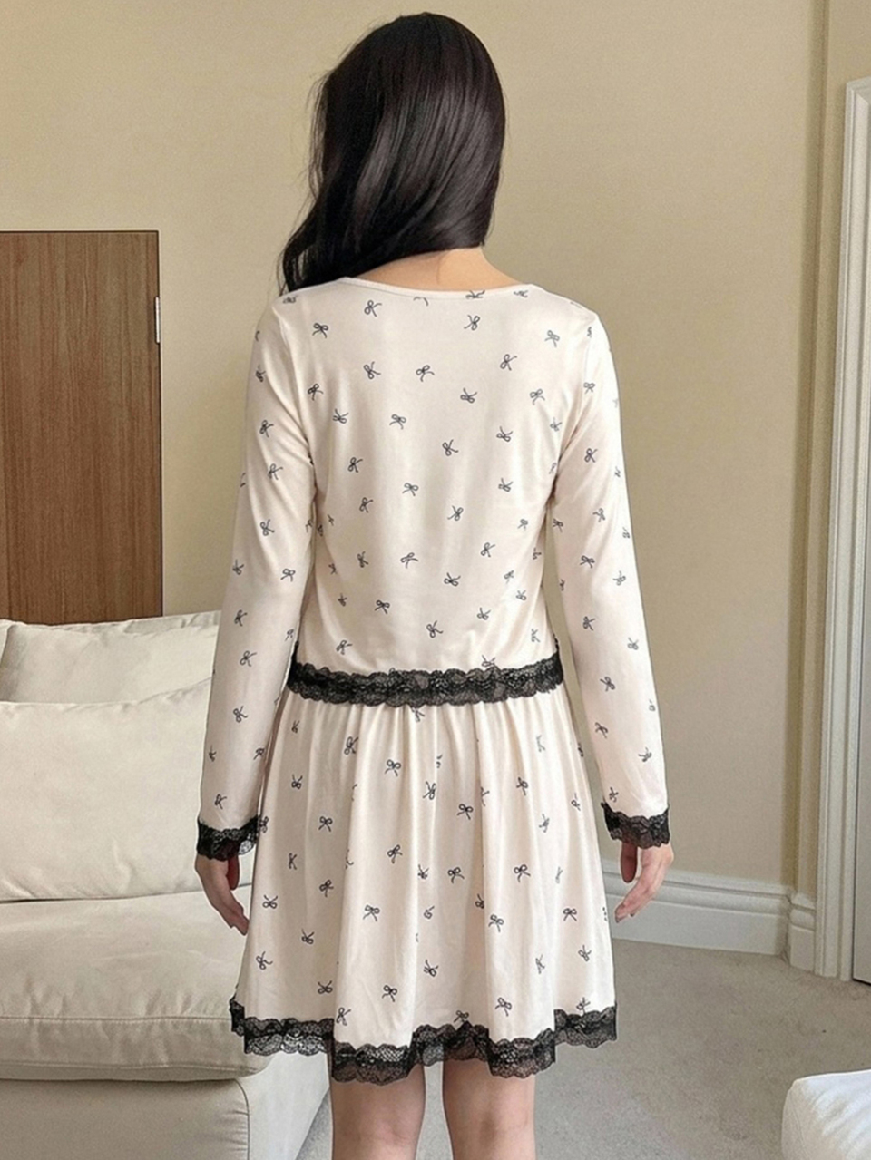 2pcs Women's Lace Patchwork Sleeveless Cami Short Dress & Cropped Long Sleeve Cardigan Pajama Set