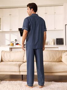 CoupledUp Classic Striped Print Open Front Lapel Short Sleeve Long Pants Men's Pajama Set - Navy Blue - View 2