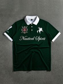 STYNVO 男士夏季休閒字母印花 Polo 衫 - 墨綠色 - 查看 1