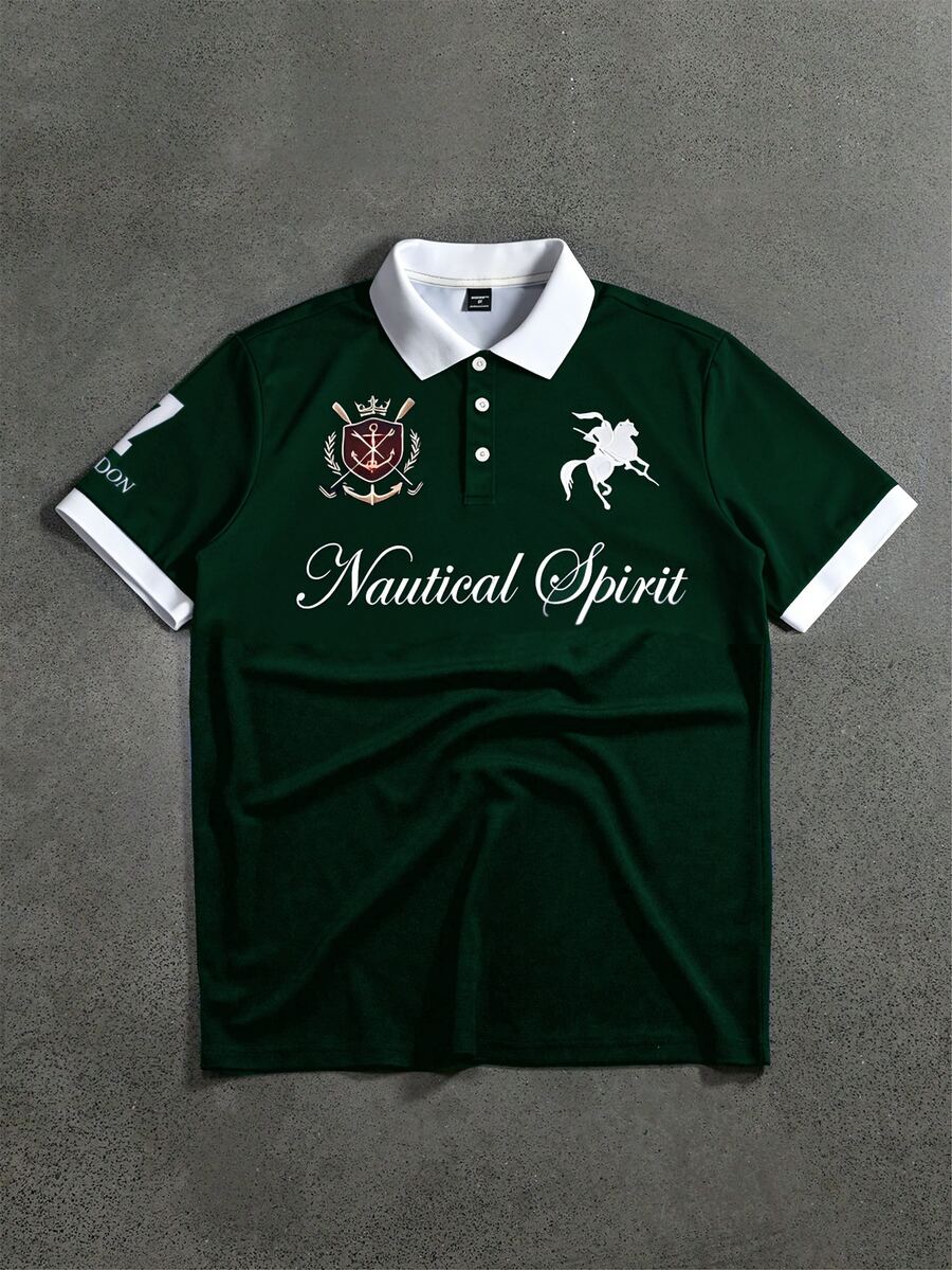 STYNVO 男士夏季休閒字母印花 Polo 衫 - 墨綠色 - 查看 1