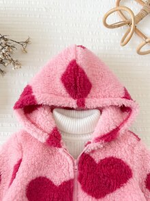SHEIN 女嬰休閒純色可愛愛心圖案毛絨連帽冬季外套 - 淺粉色 - 查看 4