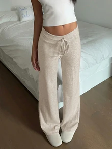 SHEIN EZwear 女款保暖內裡粉色舒適長褲，適合秋冬穿著 - 卡其色 - 查看 3