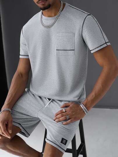 SLATEMANN Men's Comfortable Sweatshirt Fabric Crew Neck Short Sleeve T-Shirt And Drawstring Elastic Waist Shorts 2-Piece Set, All-Over Contrast Stitching Design, Casual Vacation, Party, Gathering, Friends Date, Ball Sports, Minimalist Office, All-Season Classic Yamamoto Style Short Sleeve Shorts Set, Classic Bestselling Set, Suitable For Self-Wear Or Gift To Friends