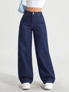 SHEIN ICON 女款大尺碼彈性腰復古淺紫色牛仔直筒長褲 - 藍色 - 查看 5