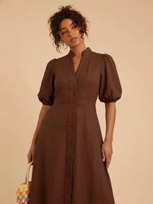 Travachic Women's Solid Color Short Petal Sleeve Single-Breasted Elegant Casual Dress - Brown - View 6