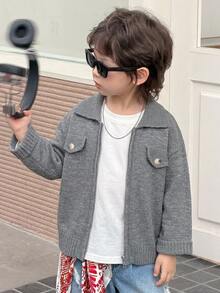 DAZY Young Boys Loose Fit Turn-Down Collar Sweater, Thick Autumn/Winter Streetwear Cardigan - Grey - View 3