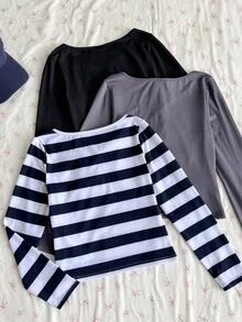青少年女孩早秋 T-shirt，秋冬萬聖節聖誕派對休閒基礎款鈕扣門襟炭灰色黑色條紋 3 件套 - 彩色 - 查看 2