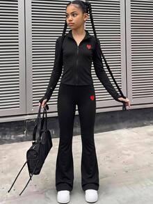 SHEIN 兒童青少年女孩秋冬運動休閒瑜伽日常針織純色紅色愛心印花開襟外套與拼色喇叭長褲套裝，女童運動套裝，黑色百搭經典Y2K - 黑色 - 查看 7