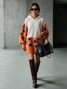 Balvessa Contrast Color Patchwork Large Polka Dot Hooded Drop Shoulder Lantern Long Sleeve Ribbed Hem Loose Minimalist Versatile Slouchy Women's Sweater Dress - Multicolor - View 5