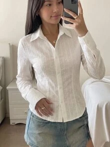 青少年女孩白色修身襯衫，圓弧下擺，紋理條紋校服襯衫，百搭百搭款，適合青少年 - 白色 - 查看 5