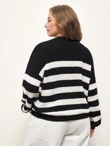 Maija Plus Size Autumn/Winter Casual Colorblock Striped Cardigan - Black and White - View 3