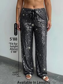 SHEIN Tall CURVE Plus Size Women Solid Color Waist Tie Sequin Wide Leg Long Pants - Black - View 4
