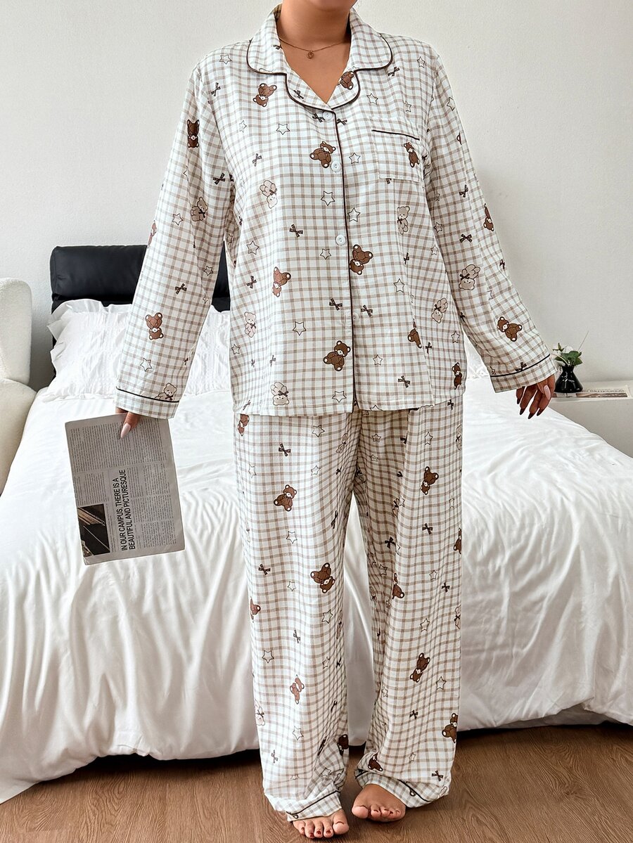 Napfluff CURVE Napfluff CURVE Bubble Crepe Plaid Star & Bear Print Lapel Cardigan Long Sleeve Pants Plus Size Pajama Set - Multicolor - View 1