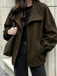 SHEIN PariChic 秋季服飾 深棕色大領寬鬆長袖百搭休閒夾克 通勤穿搭 外出穿搭 時尚上衣 辦公日常 - 軍綠色 - 查看 1
