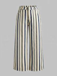 SHEIN MOD Plus Size Women's Striped Pocket Wide Leg Loose Casual Denim Jeans Autumn Outfit For Women - Multicolor - View 1