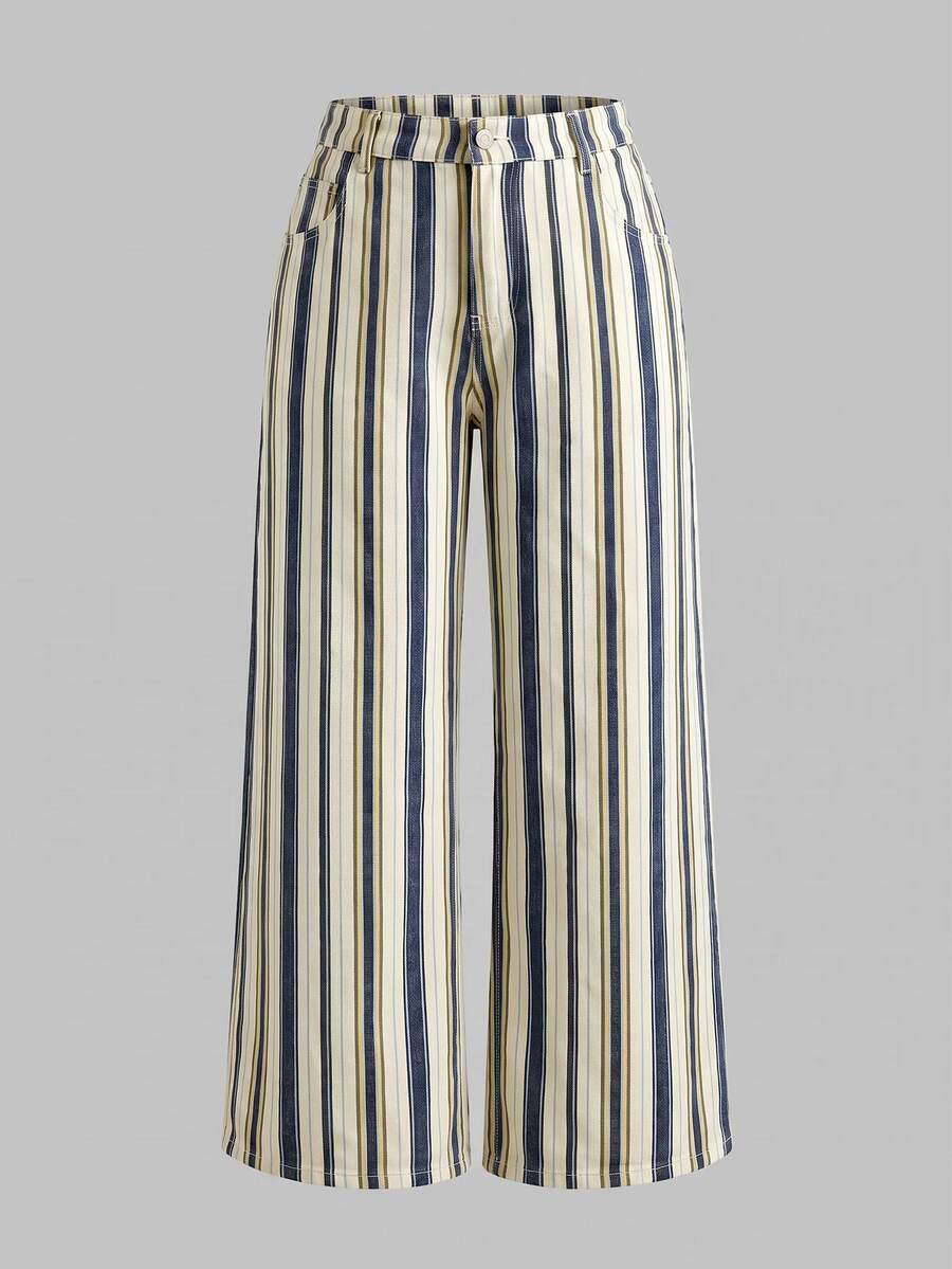 SHEIN MOD Plus Size Women's Striped Pocket Wide Leg Loose Casual Denim Jeans Autumn Outfit For Women - Multicolor - View 1