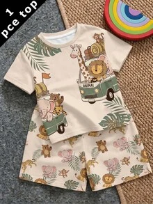 Baby Boy Casual Minimalist Top Suitable For Spring And Summer, Classic Cute Hand-Drawn Fairy Tale Animal World Pattern Print, Animal Protection Patrol , Leopard, Tiger, Lion, Zebra, Crocodile Pattern Print - Multicolor - View 1