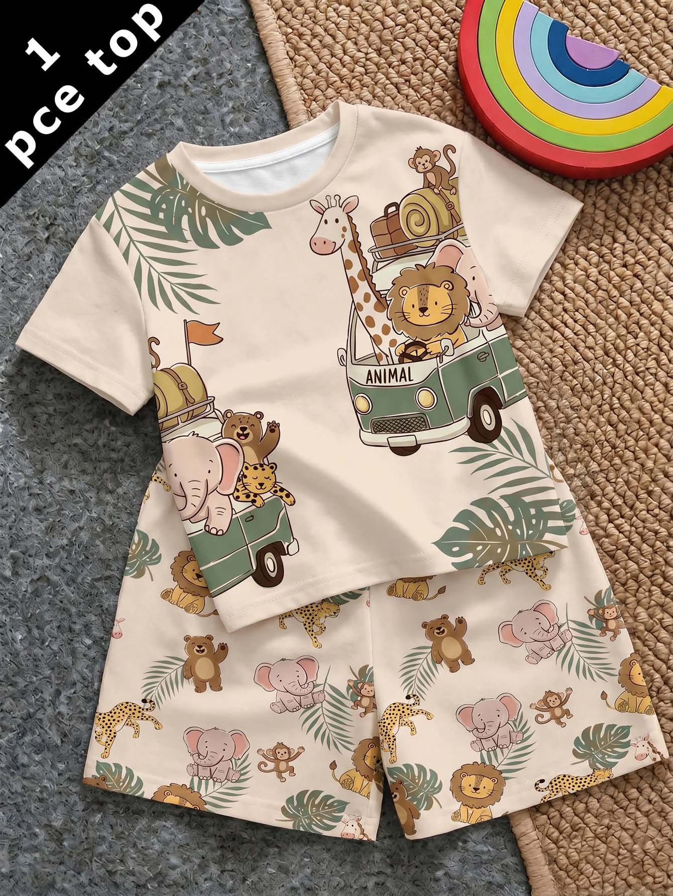 Baby Boy Casual Minimalist Top Suitable For Spring And Summer, Classic Cute Hand-Drawn Fairy Tale Animal World Pattern Print, Animal Protection Patrol , Leopard, Tiger, Lion, Zebra, Crocodile Pattern Print - Multicolor - View 1