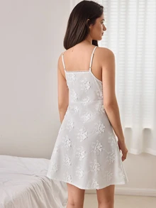 Ocili Solid Color Hollow Embroidery Spaghetti Strap Short Nightgown With Side Tie For Women - White - View 3