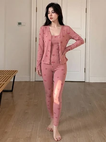 DAZY 3pcs Women's Heart Pattern All-Over Print Short Cardigan, Fitted Camisole, And Ankle-Length Fitted Pajama Pants Sleepwear Set - Pink - View 3