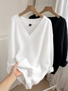 Comfylo Black & White 2pcs Set Plus Size V-Neck Loose Sweatshirt, Suitable For Autumn/Winter - Multicolor - View 5