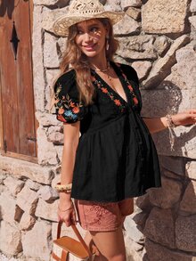 Boho Mama Maternity V-Neck Floral Embroidered Pleated Casual Versatile Blouse - Black - View 6