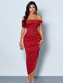 SOLERSUN Women's Elegant Off-Shoulder Ruched High Elastic Glitter Fabric Dress, Suitable For Evening Party, Graduation Season, - Burgundy - View 6