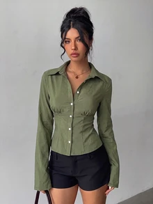 Aloruh 女款秋冬新款優雅春夏通勤日常簡約百搭旅行辦公純色軍綠色短袖收腰百褶長袖襯衫 - 軍綠色 - 查看 3