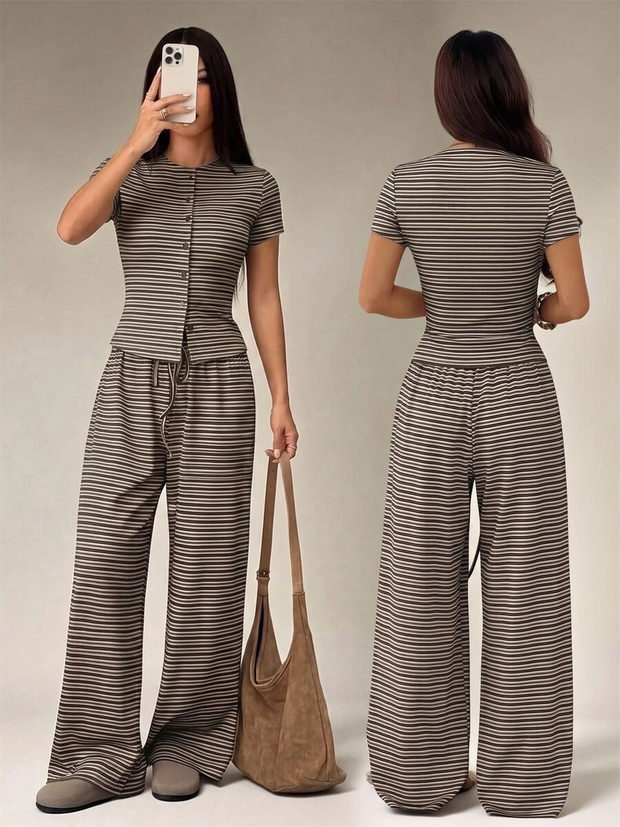 SHEIN PETITE 女款休閒黑白條紋前開襟短袖上衣與寬腿褲兩件套,春夏舒適旅行居家休閒服 - 灰色 - 查看 1