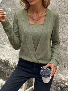 SHEIN LUNE Women's 2-In-1 Fake Two Pieces Ribbed Knit Sweatshirt, Square Neck Long Sleeve Casual Pullover Top - Army Green - View 3