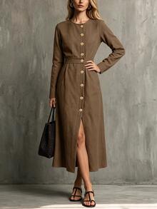Glimmora Women's Early Autumn New French Elegant Commute Round Neck Button Design Slit Long Sleeve Waist-Cinching Slimming Long Dress - Brown - View 7