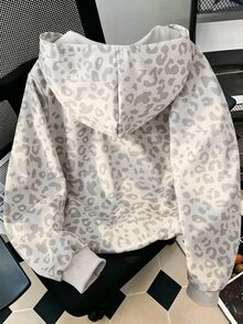 Tween女孩可愛甜美度假休閒百搭花朵蝴蝶結印花雙層帽領拉鍊前口袋寬鬆外套，秋冬款 - 灰色 - 查看 2