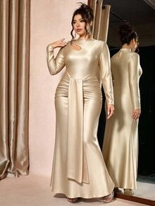 Cravure Plus Size Women's Semi-High Neck Hollow Waist Ruched Tie Belly-Covering Fishtail Maxi Dress - Champagne - View 1