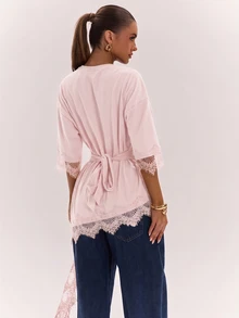 SHEIN BAE Women's Solid Color Round Neck Contrast Lace Asymmetric Hem Fashion Top - Coral Pink - View 2