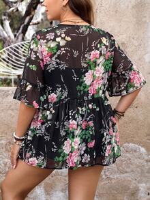 SHEIN LUNE 大尺碼女款夏季花卉印花波西米亞風輕盈透氣海邊繫帶罩衫 - 彩色 - 查看 2