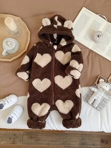 SHEIN LMoss Kids 新生女嬰可愛秋冬款毛茸茸花卉圖案長袖連帽連身衣 - 棕色 - 查看 3