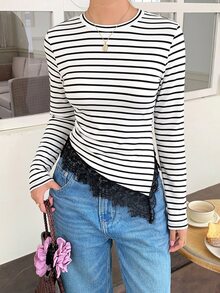 Serisse 女款休閒條紋蕾絲拼接不對稱下擺T恤，秋冬優雅休閒正式商務現代仙氣經典婚禮傳統 - 黑與白 - 查看 3