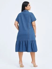 Flexra Casual Sweet Loose Ruffle Button Blue Daily Stretchy Comfortable Flattering Wear Denim Dress For Women - Light Wash - View 2