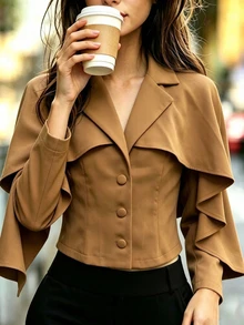 SHEIN جاكيت نسائي فاخر بلون الكراميل الفرنسي مع تصميم شال مكشكش وياقة على شكل حرف V وخصر ضيق وأزرار مفردة بأسلوب فرنسي ناعم - كاكي - مشاهدة 3