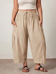 Enliva Plus Size Loose Fit Drawstring Casual Cropped Pants Fall - Apricot - View 7