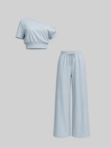 Sweetra Women's Solid Color Asymmetric Neck Top And Pants Casual Daily Sports Outfit - Baby Blue - View 1